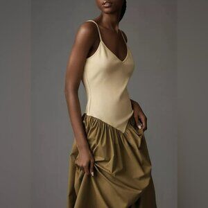 Anthropologie Maeve Sleeveless Ribbed DropWaist Poplin Twofer Midi Dress Size:XS